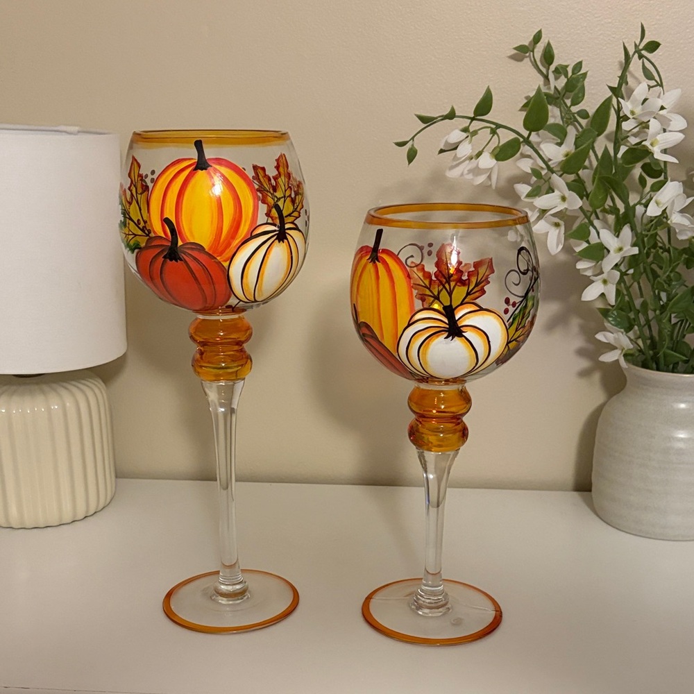 Pumpkin Harvest Hand Painted Oversized Glass Decor Set